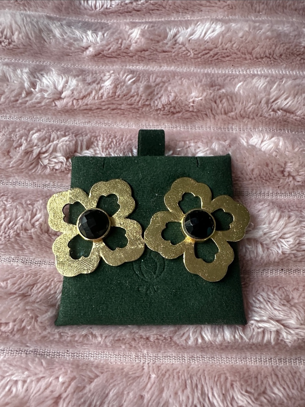 Gold Floral Clip-On Earrings with Black Center Stones